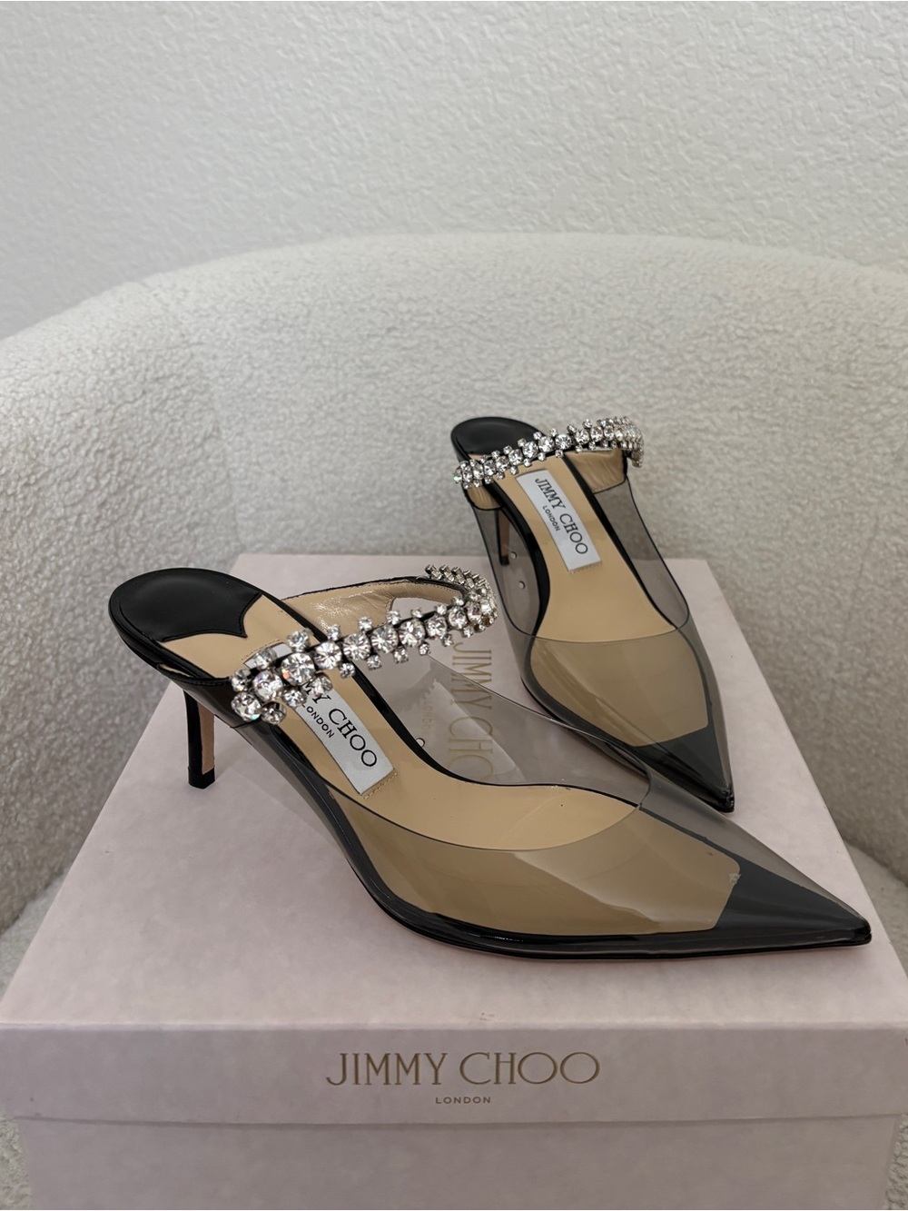 Jimmy Choo Bing Crystal PVC Mules 65 37.5 New
